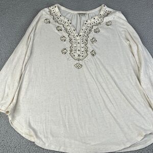 Lucky Brand Top Womens XL Ivory Gold Silver Beaded Linen Blend Embroidered Tunic